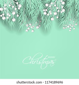 Merry Cristmas season geeting card Winter party invitation wreath of turquoise fir pine branches with white berry winter holiday background liht green turquoise