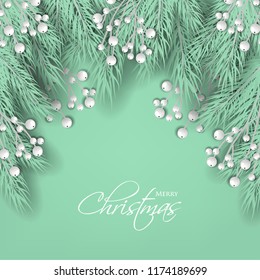 Merry Cristmas season geeting card Winter party invitation wreath of turquoise fir pine branches with white berry winter holiday background liht green turquoise