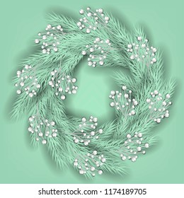 Merry Cristmas season geeting card Winter party invitation wreath of turquoise fir pine branches with white berry winter holiday background liht green turquoise