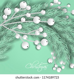 Merry Cristmas season geeting card Winter party invitation wreath of turquoise fir pine branches with white berry winter holiday background liht green turquoise