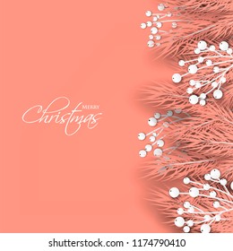 Merry Cristmas season geeting card Winter party invitation wreath of fir pine branches with white berry winter holiday background peach gray yellow