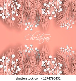 Merry Cristmas season geeting card Winter party invitation wreath of fir pine branches with white berry winter holiday background peach gray yellow