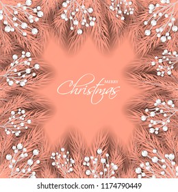 Merry Cristmas season geeting card Winter party invitation wreath of fir pine branches with white berry winter holiday background peach gray yellow