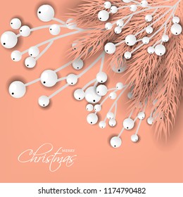 Merry Cristmas season geeting card Winter party invitation wreath of fir pine branches with white berry winter holiday background peach gray yellow