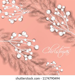 Merry Cristmas season geeting card Winter party invitation wreath of fir pine branches with white berry winter holiday background peach gray yellow