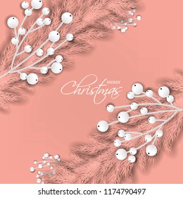 Merry Cristmas season geeting card Winter party invitation wreath of fir pine branches with white berry winter holiday background peach gray yellow