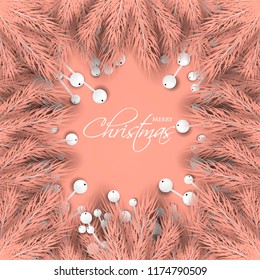 Merry Cristmas season geeting card Winter party invitation wreath of fir pine branches with white berry winter holiday background peach gray yellow