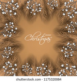 Merry Cristmas season geeting card Winter party invitation wreath of fir pine branches with white berry winter holiday background brown chocolate