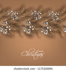 Merry Cristmas season geeting card Winter party invitation wreath of fir pine branches with white berry winter holiday background brown chocolate