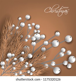 Merry Cristmas season geeting card Winter party invitation wreath of fir pine branches with white berry winter holiday background brown chocolate