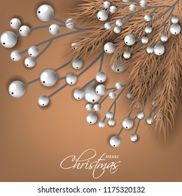 Merry Cristmas season geeting card Winter party invitation wreath of fir pine branches with white berry winter holiday background brown chocolate