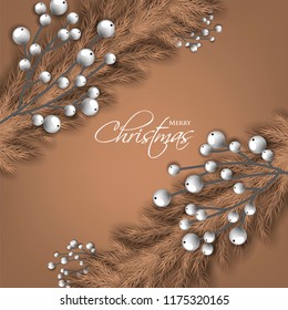 Merry Cristmas season geeting card Winter party invitation wreath of fir pine branches with white berry winter holiday background brown chocolate