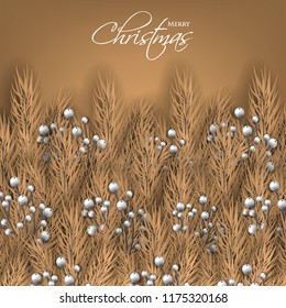 Merry Cristmas season geeting card Winter party invitation wreath of fir pine branches with white berry winter holiday background brown chocolate