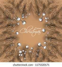 Merry Cristmas season geeting card Winter party invitation wreath of fir pine branches with white berry winter holiday background brown chocolate