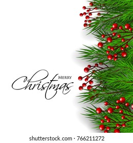 Merry Cristmas season geeting card Winter party invitation wreath of fir pine branches with red berry
