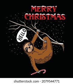 Merry cristmas.Hanging on the tree ,sloth .Vector eps.