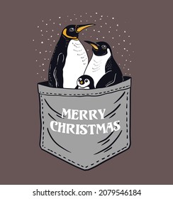 Merry cristmas.Penguin family in pocket .vector eps.