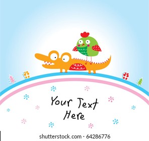 merry crocodile and bird christmas greeting card