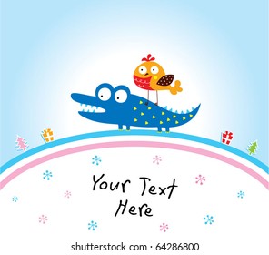merry crocodile and bird christmas greeting card