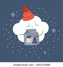 Merry Cute Christmas Card Illustration. 2020 Happy New Year. Cartoon Baby Cloud With Jar Of Snowflakes And Christmas Trees. Childish Poster, Calendar. Season Winter. December Celebration Holiday, Xmas