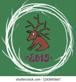 Merry cute Christmas card. Santa's deer is sitting on a green background, around a round frame is a Christmas wreath of branches. ristmas card design. New year print for t-shirt. Vector.