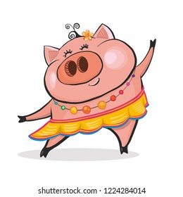Сute merry dancing pig. cartoon character. Chinese New Year. The year of the pig. Vector illustration on white