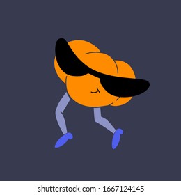 Merry dancing pumpkin with legs and glasses drawn in the vector in the style of cartoons. Funny vegetable. Halloween