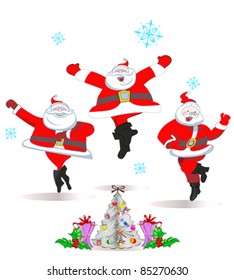 Merry dancing Santa Claus near the Christmas tree and presents