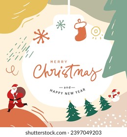 Merry December Christmas with Santa Claus and Christmas tree hand drawn background vector illustration.