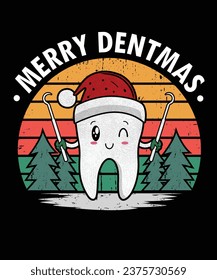 Merry dentmas, Dentist Christmas Vector t-shirt design with a cute Teeth wearing a christmas Hat svg