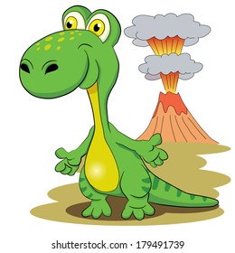 Merry dinosaur on a background volcanic eruption.