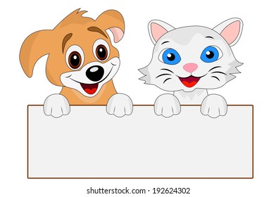 Perro alegre y gato sostienen un banner limpio, ilustración vectorial