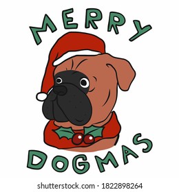 Merry Dogmas , Boxer dog wear Santa hat  cartoon vector illustration