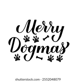 Merry Dogmas calligraphy hand lettering. Funny dog Christmas quote. Pets pun. Vector template for typography poster, greeting card, banner, sticker, etc