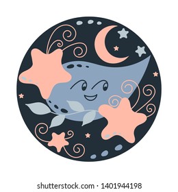 Merry drop in the night sky, Moon and stars. Vector illustration. 