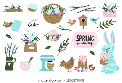 Merry Easter, bunny. Birds. Vector set of cute spring cartoon characters, plants and decorations. Garden party. Collection of scrapbook elements with animals, bird and flowers.