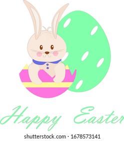 The merry Easter Bunny is sitting in an eggshell.Festive Easter background.Vector