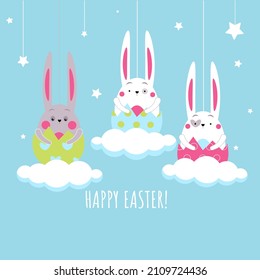 Merry Easter greeting card. Easter funny bunnies illustration on blue background
