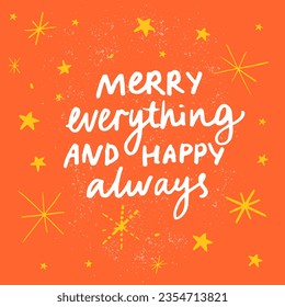 Merry everithing and happy always. Bright red Christmas greeting card design with hand lettering and vector doodle illustrations