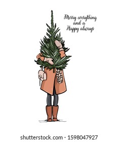 Merry everyone and always happy. Christmas presents. Merry Christmas to you. Spruce, fir, coat.