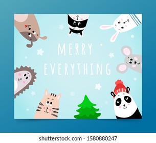 Merry Everything Christmas greeting, funny winter animals, poster with cute cat, hedgehog, dog, raccoon, rabbit, mouse, panda in red hat. Snowy background for card, winter festive decor, gift paper