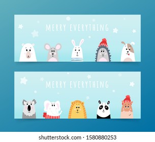 Merry Everything Christmas greeting, poster set with cute bear, mouse, bunny, hedgehog in a red hat, dog, koala, elephant, lion, panda, hippo. Snowy background for card, winter decor, gift paper
