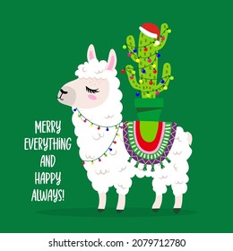 Merry everything and happy always - funny Llama on the back of the gifts. Llama doodle draw. Adorable poster for Xmas party, good for t shirts gift, mug or print design. Winter Pajama decoration.