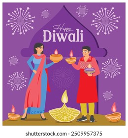 El alegre festival de Diwali. Los indios usan ropa tradicional y sostienen lámparas de aceite. Concepto del festival Diwali. Ilustración vectorial plana.