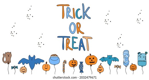 Merry festive horizontal banner trick or treat. Vector illustration with characters of Happy Halloween.