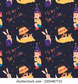 merry festive vector pattern: funny animals, a hare with a gift, a dog with a cake and a small child in a hat. bright inscription "Happy birthday" on a blue background.
