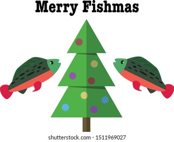 Merry Fishmas (Christmas pun) for Fisherman and fishing sports hobbies, with two sockeye salmon (or rainbow trout) fish and a Christmas tree