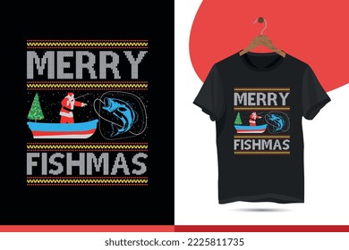 Merry Fishmas - Christmas T-shirt Design for Fishing. Funny Fishing Shirt, Vector T-Shirt Design Template for Print.