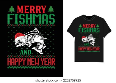 Merry Fishmas And Happy New Year fishing Christmas Tshirt vector