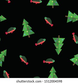 Merry Fishmas seamless repeating pattern with a sockeye salmon (rainbow trout) and a Christmas tree. Flat design style